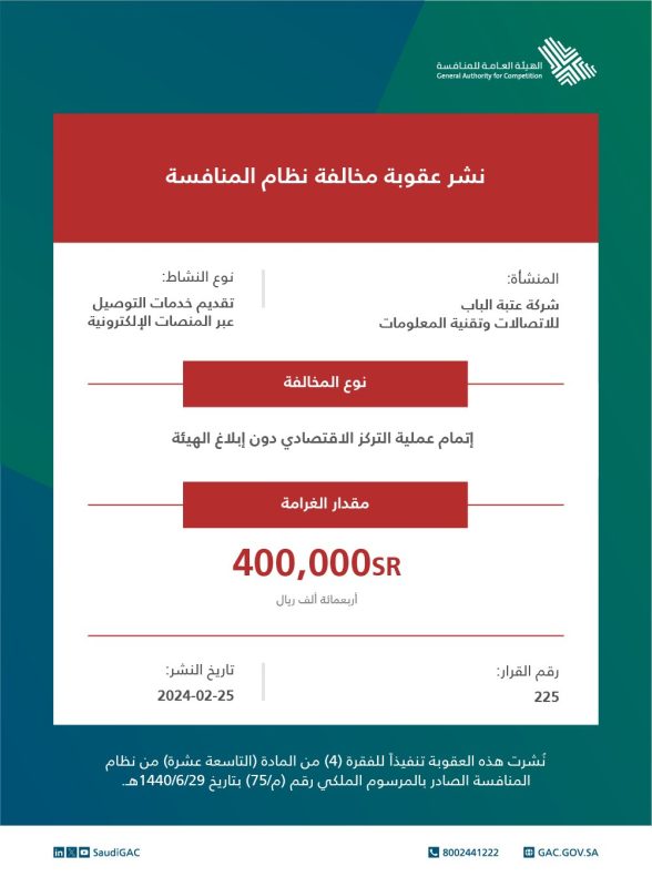 تغريم بندة للتجزئة وعتبة الباب للاتصالات بـ800 ألف ريال