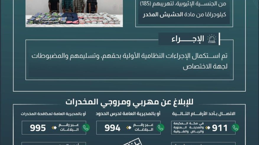 القبض على 4 مخالفين لتهريبهم 185 كيلو حشيش في جازان