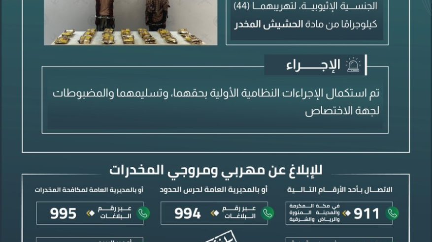 القبض على مخالفين لتهريبهما 44 كيلو حشيش في جازان