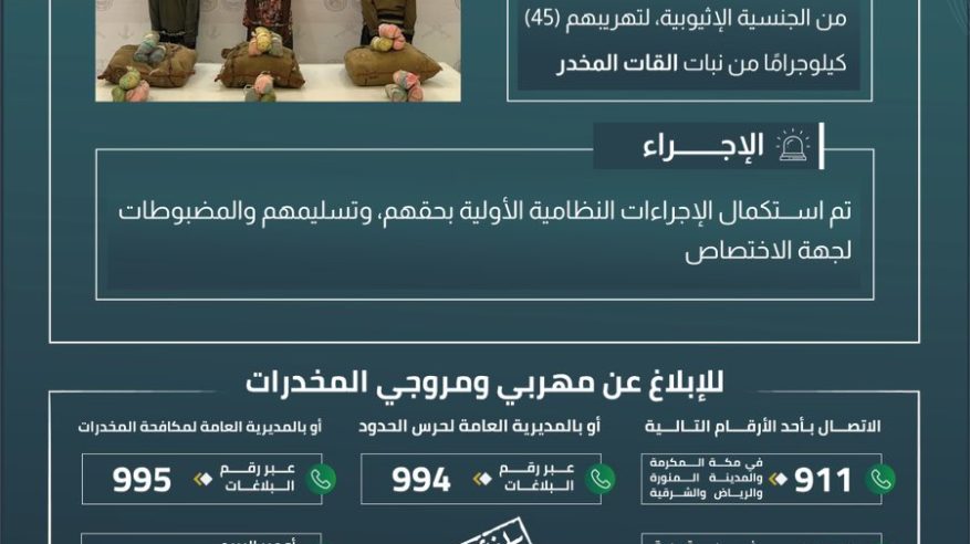 القبض على 3 مخالفين لتهريبهم 45 كيلو قات في عسير 