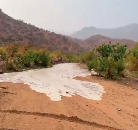 لقطات توثق جريان السيول في عقبة المحمدية بالطائف