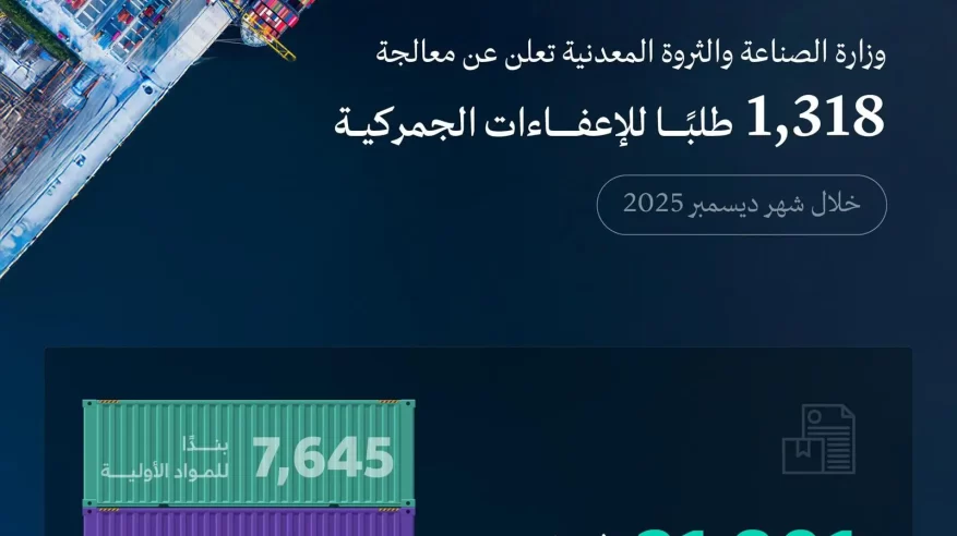 الصناعة والثروة المعدنية تعالج 1,318 طلبًا للإعفاء الجمركي خلال شهر ديسمبر 2025