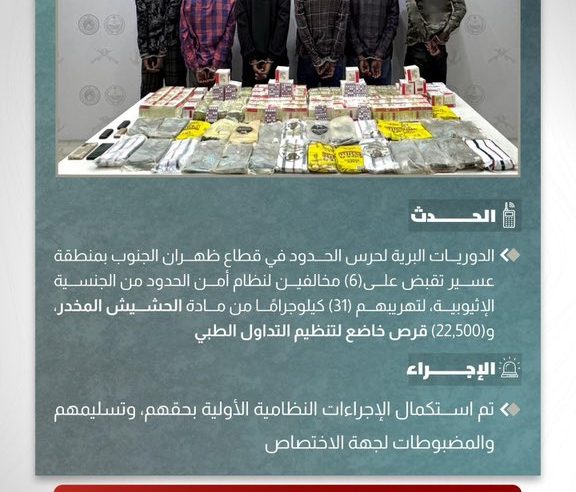 ضبط 6 مخالفين لتهريبهم 31 كيلو حشيش في عسير
