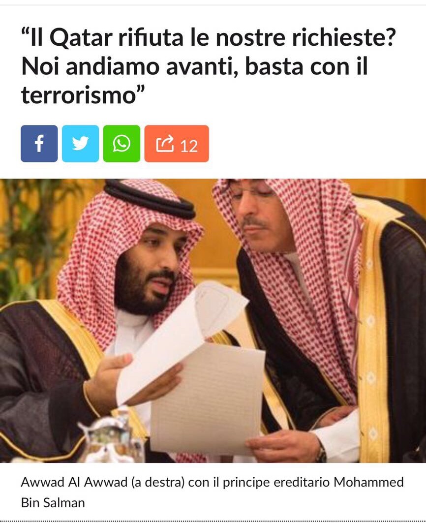 وزير الإعلام لصحيفة إيطالية: قطر تلعب منذ سنوات لعبة التخريب والتواطؤ مع الجماعات الإرهابية  وعليها أن تغير توجهاتها