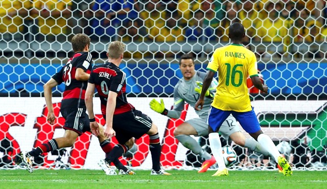 Brazil's Ramires watches as Germany's Andre Schuerrle scores Germany's sixth goal during their 2014 World Cup semi-finals at the Mineirao stadium in Belo Horizonte July 8, 2014. REUTERS/Eddie Keogh (BRAZIL - Tags: TPX IMAGES OF THE DAY SOCCER SPORT WORLD CUP)