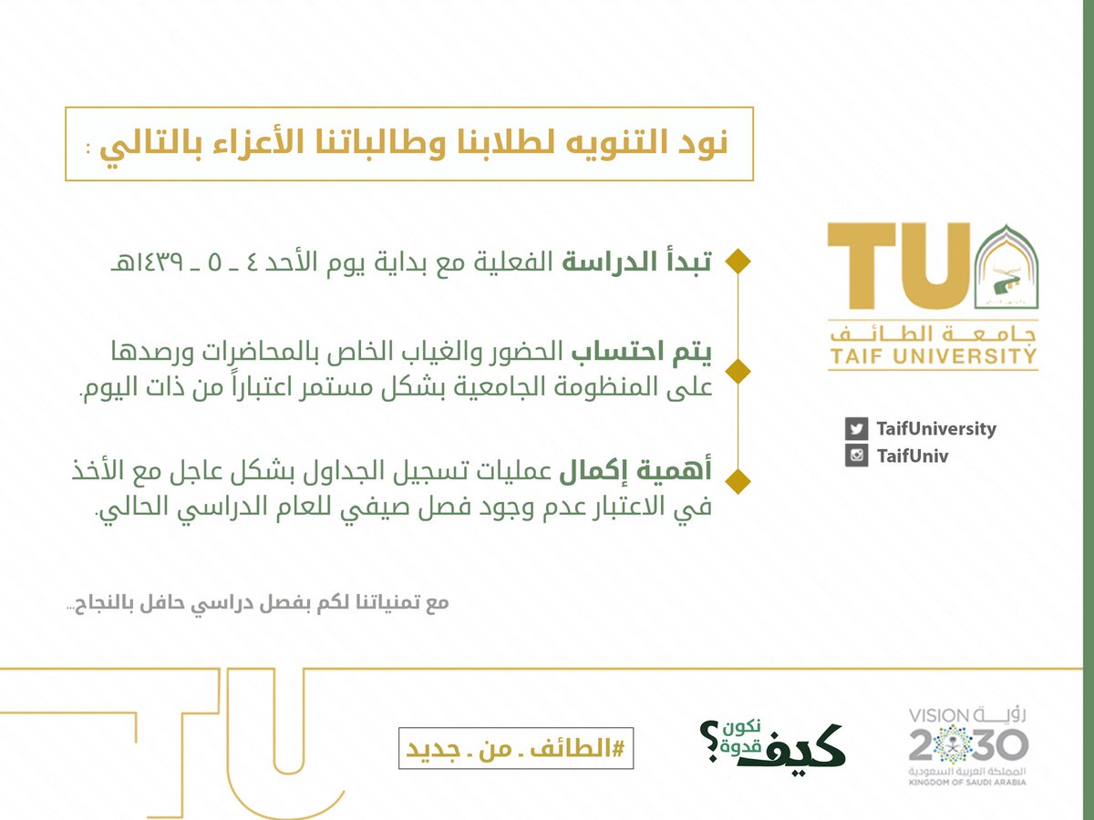 جامعة الطائف تفتح الصلاحيات للكليات لاستكمال جداول الطلاب