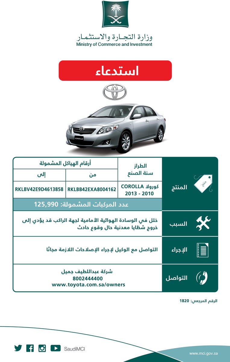 استدعاء 125990 تويوتا كورولا لخلل في الإيرباق