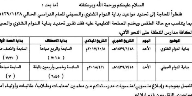 التوقيت الزمني للحصص الدراسية 1439