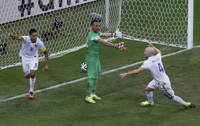 Clint Dempsey of the U.S. celebrates after scoring his team's second goal during their 2014 World Cup Group G soccer match against Portugal at the Amazonia arena in Manaus