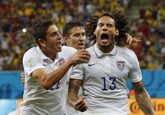 Jermaine Jones of the U.S. celebrates after scoring a goal during World Cup G soccer match between Portugal and the U.S. at the Amazonia arena