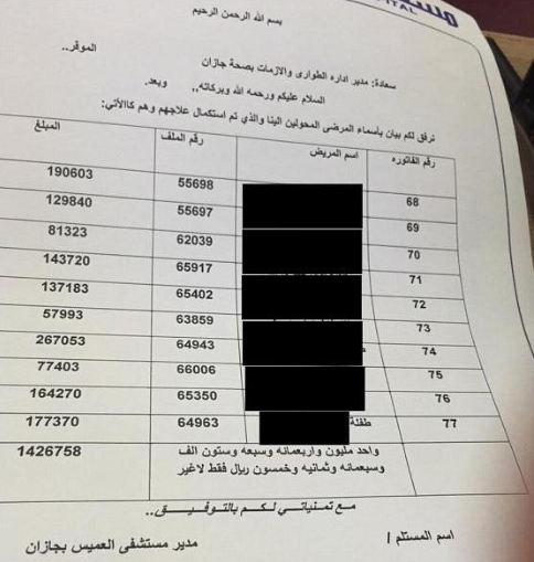 قيمة فاتورة علاج مصابي مستشفى جازان تثير البلبلة في مواقع التواصل