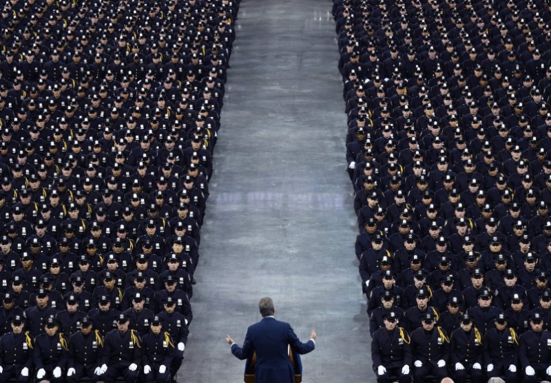 New York City Mayor Bill de Blasio speaks at the New York Police Department 2016 graduation class at Madison Square Garden on July 1, 2016.