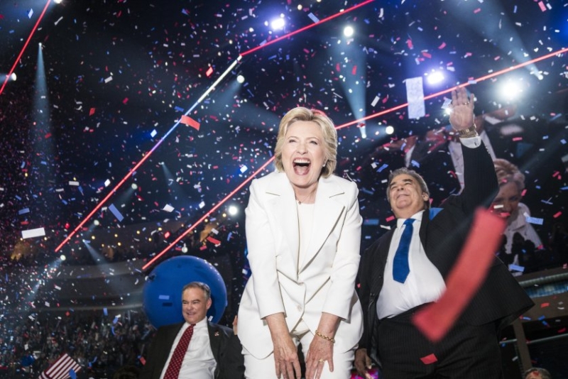 An ecstatic Hillary Clinton celebrates at the conclusion of the Democratic National Convention where she accepted the nomination in Philadelphia, on July 28, 2016.
