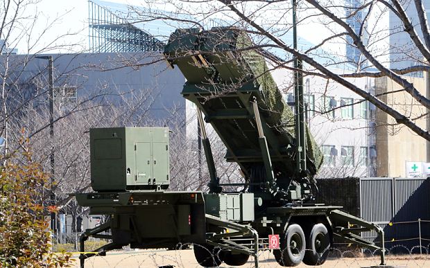 This general view shows a Japanese Self-Defense Force Patriot Advanced Capability-3 (PAC-3) interceptor launcher deployed outside Defence Ministry headquarters in Tokyo on February 7, 2016. North Korea launched a long-range rocket on February 7, violating UN resolutions and doubling down against an international community already determined to punish Pyongyang for a nuclear test last month. AFP PHOTO / Yoshikazu TSUNO / AFP / YOSHIKAZU TSUNO (Photo credit should read YOSHIKAZU TSUNO/AFP/Getty Images)