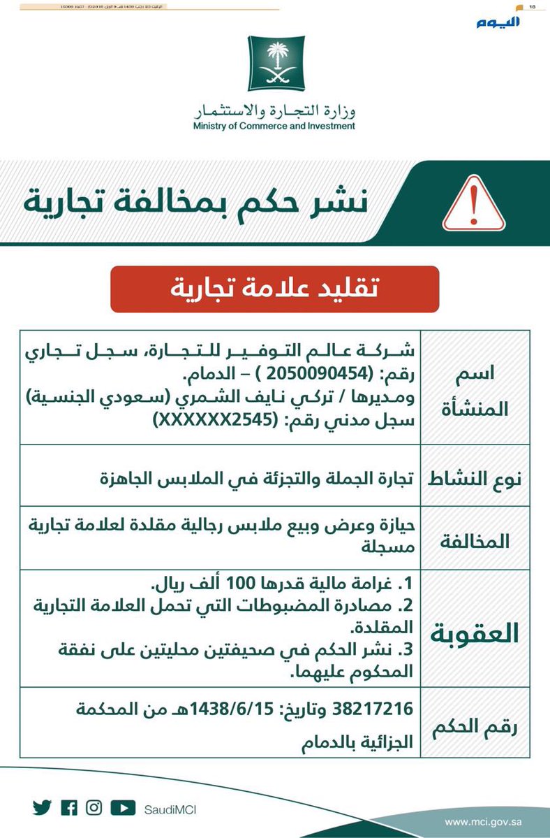 التجارة تُشهر بشركة تبيع ملبوسات مقلدة