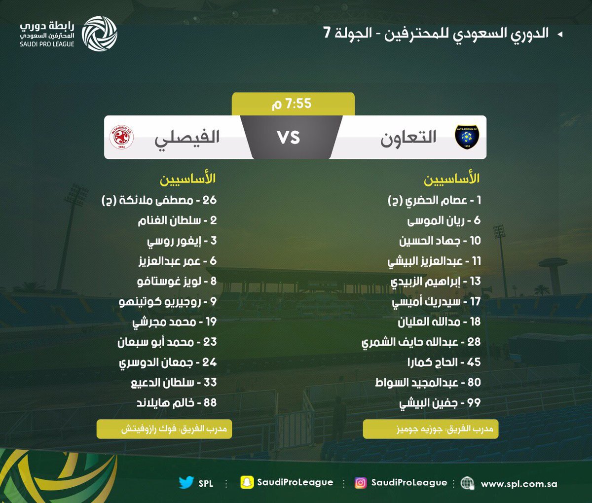 هنا.. تشكيلة مباراة التعاون والفيصلي في الدوري السعودي