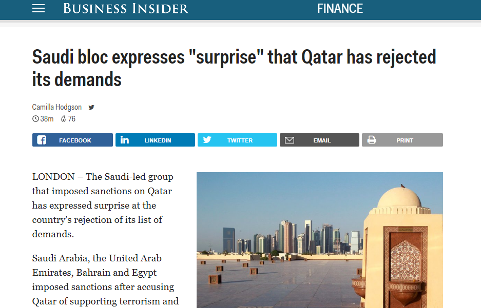 بزنس إنسايدر: قطر في محادثات مع إيران وتركيا لتأمين احتياجاتها الأساسية