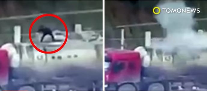 بالفيديو.. انفجار شاحنة أسمنت يقذف بعامل صيني في الهواء