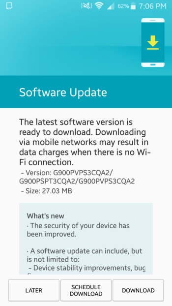 تحديث جالكسي S5 لمعالجة المشاكل الأمنية