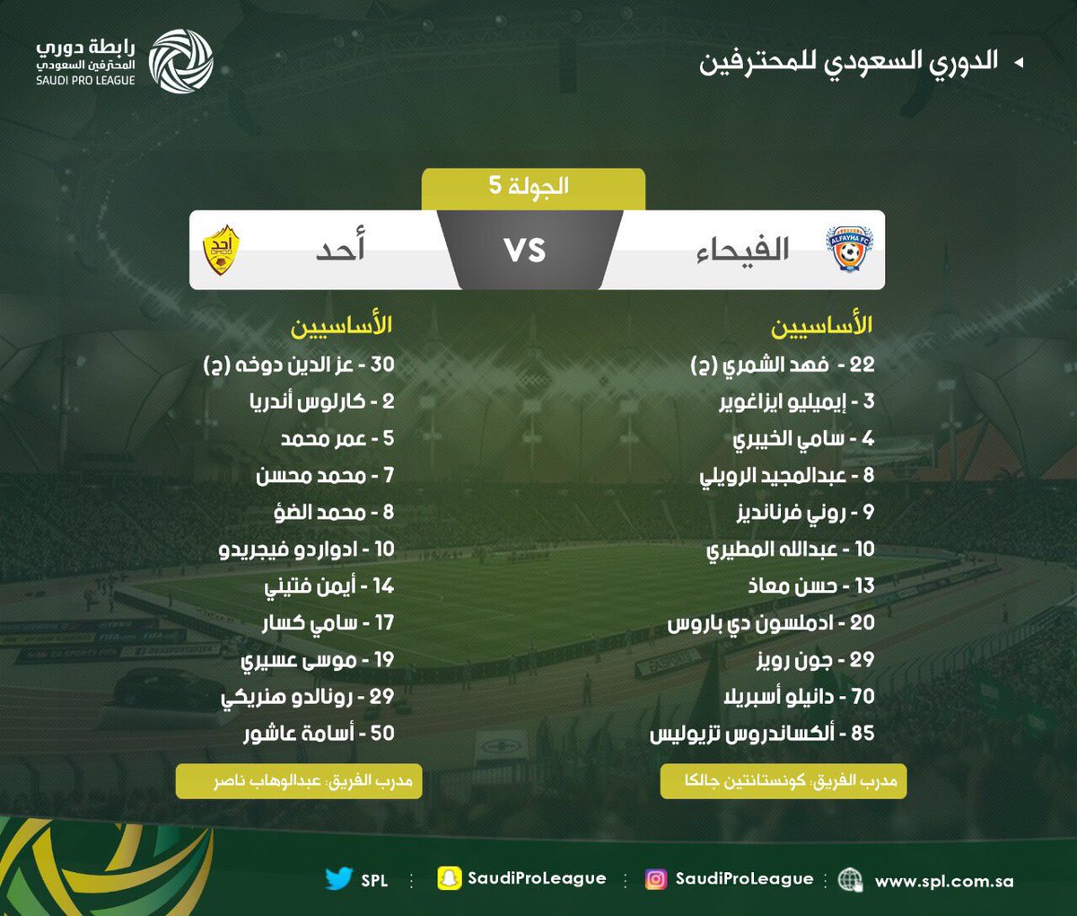 هنا.. تشكيلة مباراة الفيحاء وأحد في الدوري السعودي
