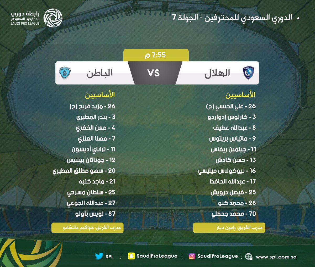 هنا.. تشكيلة مباراة الهلال والباطن في الدوري السعودي للمحترفين