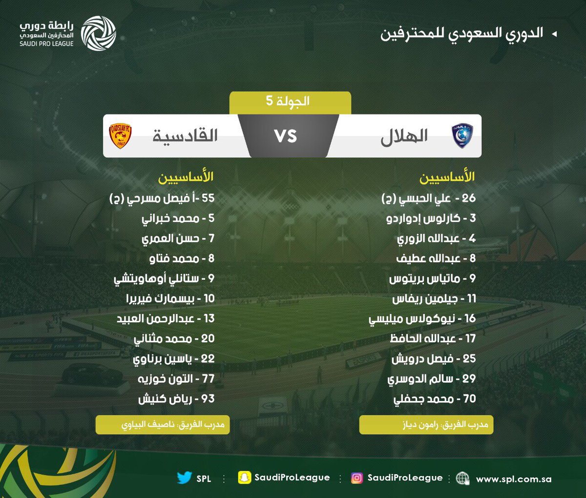 هنا.. تشكيلة مباراة الهلال والقادسية في الدوري السعودي للمحترفين