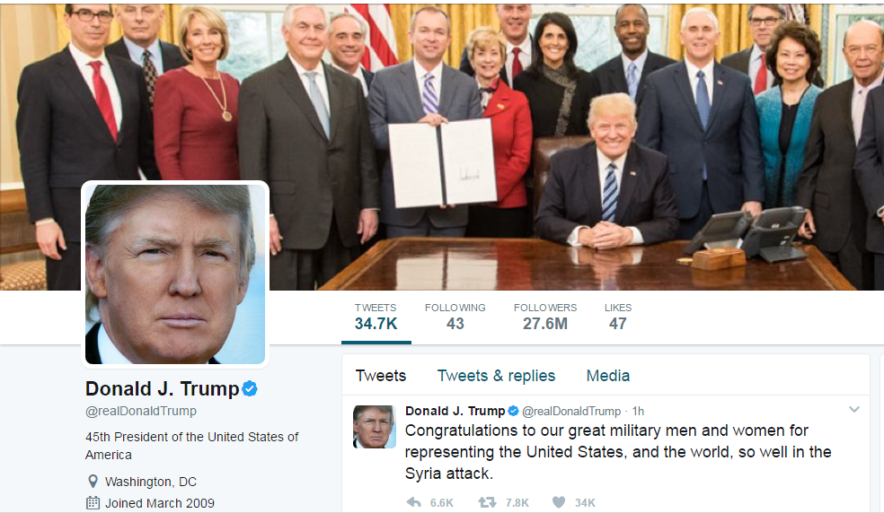 ترامب مغردًا: الجيش الأميركي مثّل بلاده والعالم جيدًا في هجوم سوريا