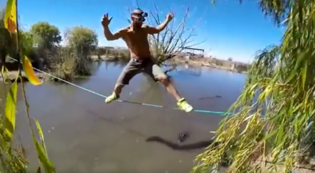 بالفيديو.. رجل يسير على حبل فوق بحيرة مليئة بالتماسيح الجائعة
