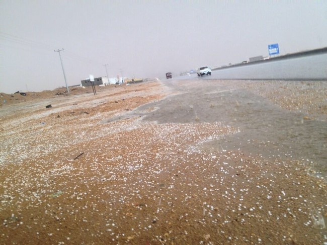 بالصور.. أمطار غزيرة مصحوبة بالبرد على الجوف