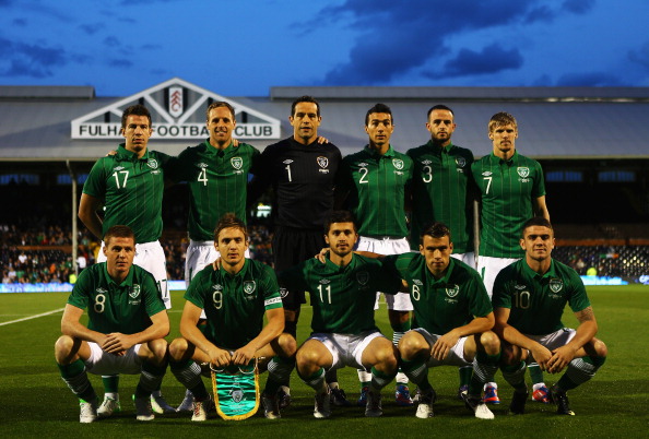 LONDON, ENGLAND - SEPTEMBER 11:  The Republic of Ireland team line up together before the start of the International Friendly match between Republic of Ireland and Oman at Craven Cottage on September 11, 2012 in London, England.  (Photo by Paul Gilham/Getty Images)