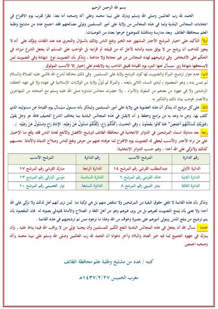 وثيقة تطالب بترشيح أسماء خاصة لانتخابات #الطائف تزعج المرشحين