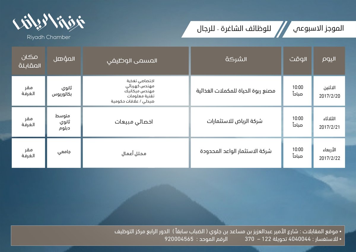 غرفة #الرياض تعلن عن وظائف شاغرة لدى 3 شركات